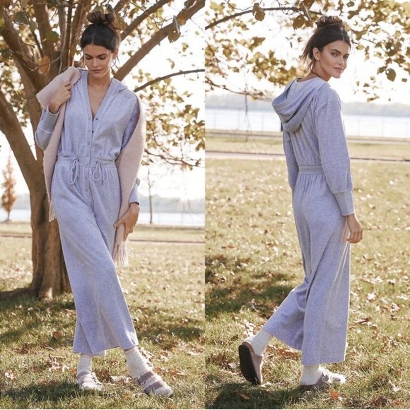 Anthropologie Pants - Daily Practice Anthropologie Lounge Jumpsuit (Size M) Grey Velour Wide Leg Ankle